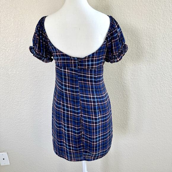 Altar'd State Britton Navy Blue Pink Puff Sleeve Plaid Summer Dress Wmn Sz Small - Picture 7 of 14